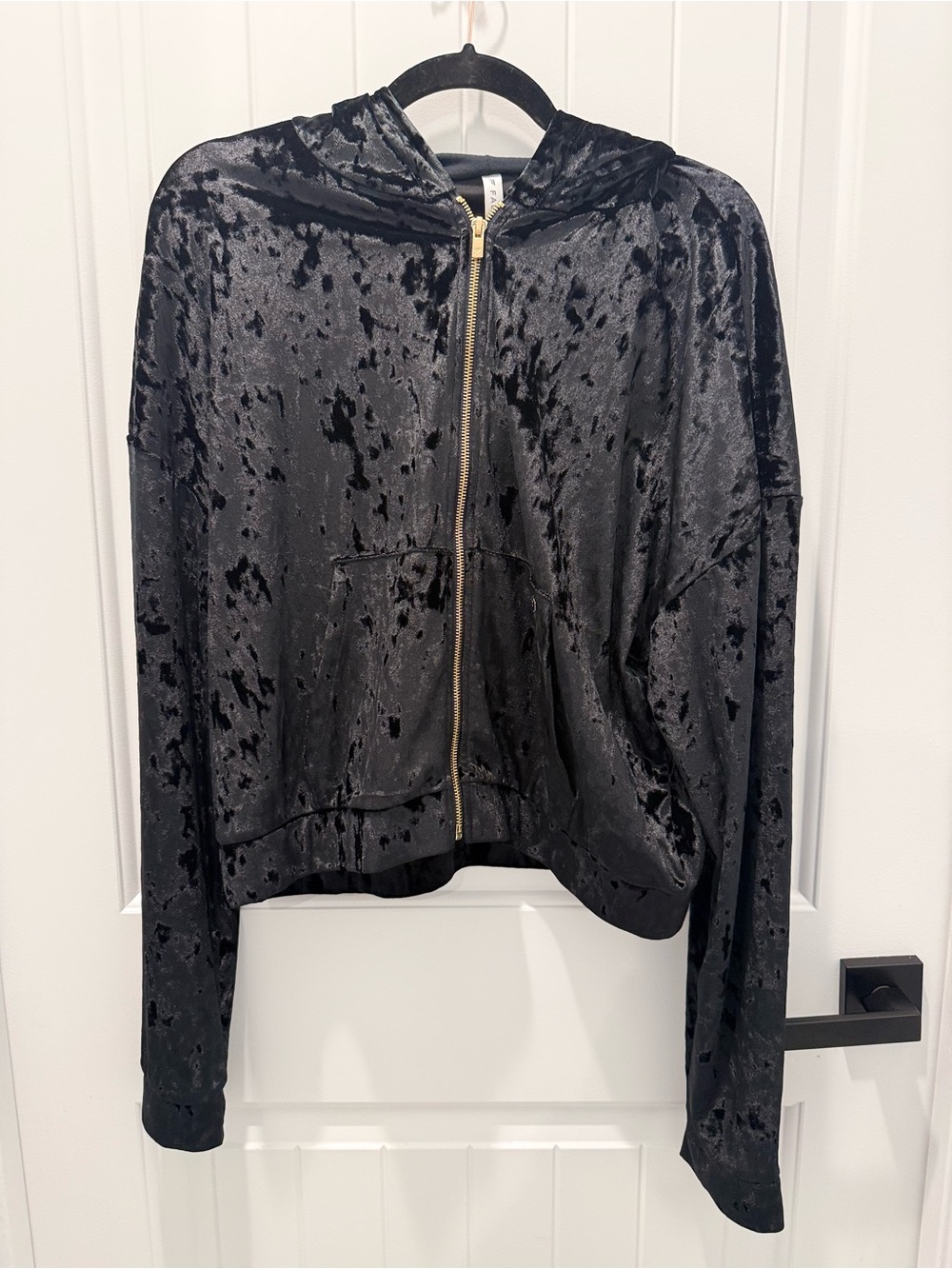 Fabletics Black Crushed Velvet Zip Hoodie with Gold Zipper